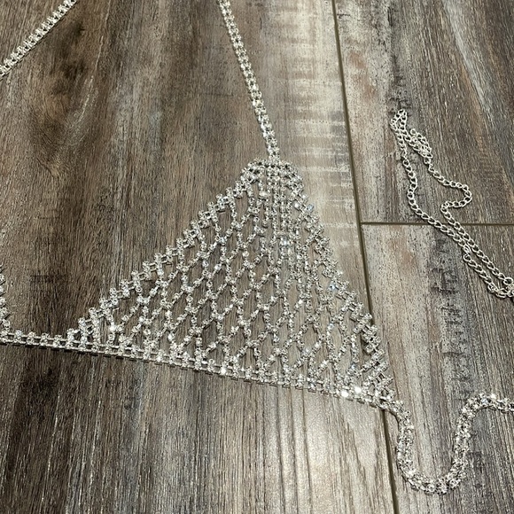 Sexy Body Chain Crystal Mesh Backless Halter Crop Top and Panties - Picture 4 of 12